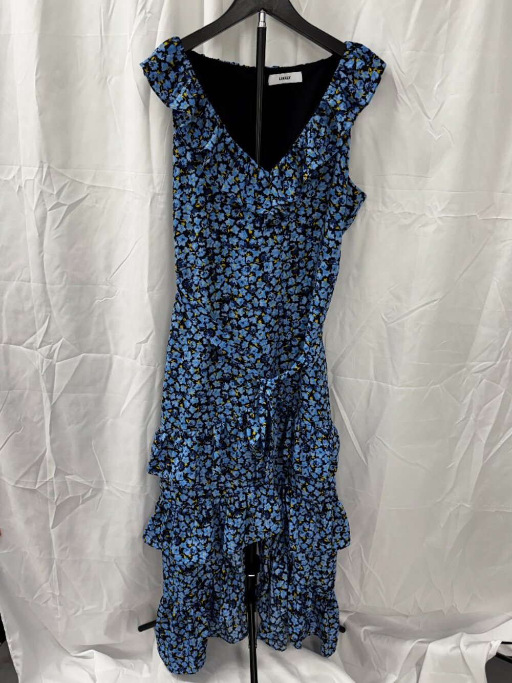 Likely Morrell Ruffled Floral Asymmetric Midi Dress Blue White Yellow Sz 6 - Picture 3 of 16